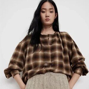 ZARA WOOL BROWN PLAID LONG SLEEVE 1/2 BUTTON UP TOP